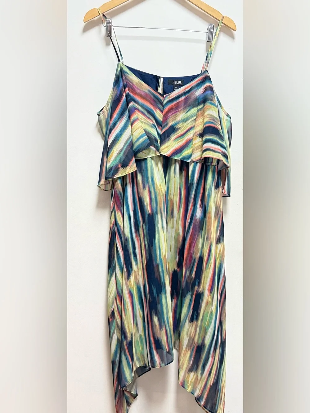a.n.a Off-Shoulder Watercolor Stripe Asymmetrical Midi Dress - Navy, Teal, Red - Picture 2 of 10